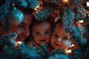 Happy Holidays with cheerful family playing near Christmas tree. photo