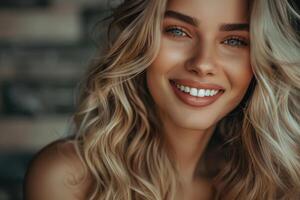 rubia niña con largo y brillante ondulado pelo hermosa sonriente mujer modelo con Rizado peinado foto