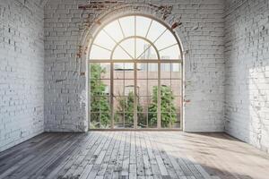 Empty loft studio with brick wall and arched window. photo