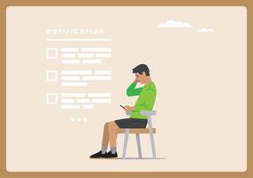 sitting man overwhelmed while reading all the messages notification that he receives vector