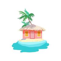 Isolated pink bungalow thatched roof Yellow sand Tropical palm Sea shore Vacation marine print summer poster poster clothing paper vector