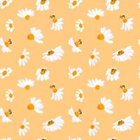 Summer pattern daisy bee yellow background. Insect white flowers decorative seamless design. Square postcard template vector