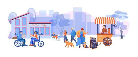 People going along city street trees. A woman with dogs approached a fast food cart. Urban panorama with buildings. The concept of including people with disabilities and people of different ages in vector