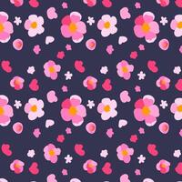 Seamless pattern sakura flowers dark background Texture hand drawn Pink cherry petals Bright ornament illustration vector