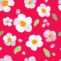 Seamless pattern traditional sakura flowers red background Texture hand drawn Folk white pink petals green daisy leaves Bright ornament flat vector