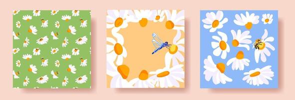 3 Summer Square Posters Daisies Bee Dragonfly White Yellow Frame Green Pattern Blue Postcard Template Banners Cute Background vector