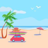 verano mar Oceano apuntalar coche maletas tabla de surf playa a rayas sombrilla. marina póster bandera tropical costa palma árbol. retro vector