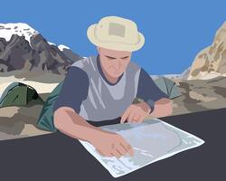 Illustration of a man looking for a way on a tourist map. Local orientation. Tourist guide. vector