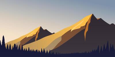 sencillo diseño antecedentes de soleado montañas en el Mañana con siluetas de árboles, ilustración vector