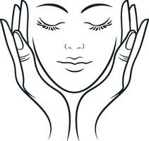 Woman's face with closed eyes and two hands vector