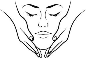 Woman's face with closed eyes and two hands vector