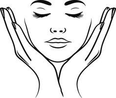 Woman's face with closed eyes and two hands vector