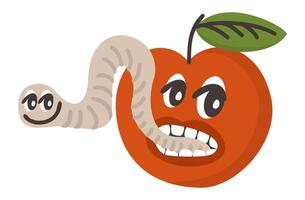 Red apple with worm in mouth. Retro cartoon groovy style. isolated illustration vector