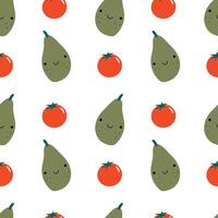 Cute avocado and tomato seamless pattern. For packaging, menu design, background, wrapping paper vector