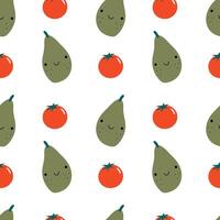 Cute avocado and tomato seamless pattern. For packaging, menu design, background, wrapping paper vector