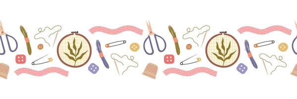 Embroidery seamless pattern. Hoop, floss, scissors, needles. illustration for your design vector