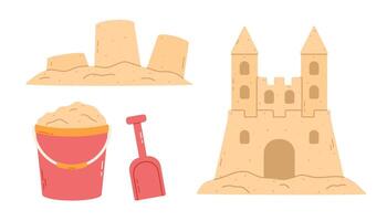Cartoon beach sandcastle and plastic bucket filled with sand with shovel. Isolated flat illustration vector