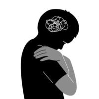 Silhouette of a boy hugging self with sad emotion. Kid mental health concept. vector