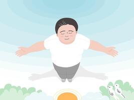 Top view of relax child boy with arms outstretched and breathing fresh air under the sun. vector