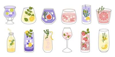 Collection with different taste lemonade and various of glasses shapes. Lemon and mint, fig fruit, strawberry and grapefruit. illustration in outline and flat color style. vector