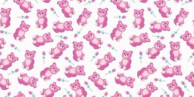 Cute toy pink bear and flower, rose. Pattern seamless. Teddy bear cartoon, soft toy Teddy. background vector