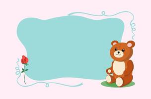 Frame, postcard, flyer. Cute toy teddy bear with a flower, rose. A smiling teddy bear is sitting. Soft cartoon toy. Place for inscriptions. illustration on white background vector