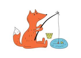 Cute fox catches fish by the lake. Animal, fishing. Fox fisherman. Doodle, drawing. illustration on white isolated background. vector