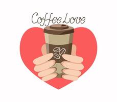 amor de café. manos y café en un vaso. corazón forma. café frijoles. mano letras. internacional café día. gráficos. plano ilustración. antecedentes aislado. vector