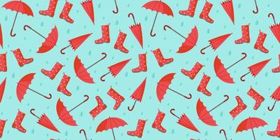 Red umbrella and raindrops. Open umbrella, shoes, rubber boots and closed umbrella. The pattern is seamless. Bright umbrella and raindrops. Rain season. Rainy weather. Flat style. background. vector