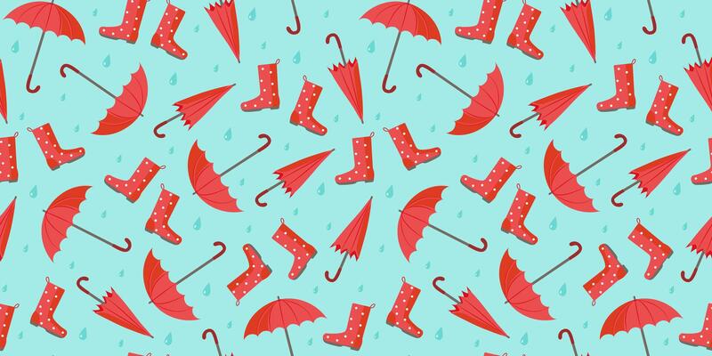 Red umbrella and raindrops. Open umbrella, shoes, rubber boots and closed umbrella. The pattern is seamless. Bright umbrella and raindrops. Rain season. Rainy weather. Flat style. background.