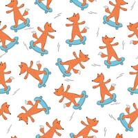 Pattern of a cute fox riding a skateboard. Sports animal. Active lifestyle. Doodle, drawing. seamless background. vector