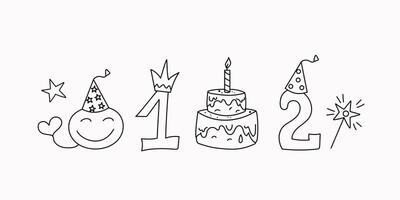 Birthday. Sweet food, cake, candles, cap, crown, numbers. Number 1, number 2. Set of cute icons, birthday attributes. Children's party, magic doodle. illustration, sketch. Line icons. vector
