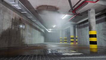 Automatic fire extinguishing with water in the underground parking lot. Water fire extinguishing parking. video