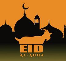 eid Alabama adha Mubarak con creciente luna, cabra y linternas como antecedentes. vector