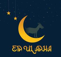 eid Alabama adha Mubarak con creciente luna, cabra y linternas como antecedentes. vector