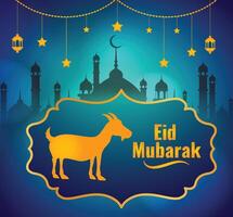 Eid Al Adha festival. Greeting card with sacrificial sheep and crescent on cloudy night background. Eid Mubarak vector