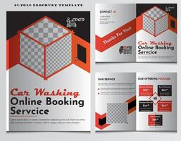 Car Washing Service Center Bi Fold Brochure Template Design, Car Cleaning Flyer Template Design. Car Wash Service Poster Leaflet Design. A4 Car Wash and Cleaning Service Flyer, Cover, Brochure Design vector