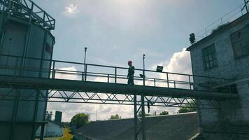 agronomist farmer checking grain, soybean and wheat storage tanks. video