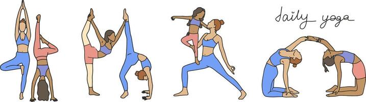 Set of slim sportive young woman doing yoga fitness exercises. Healthy lifestyle vector