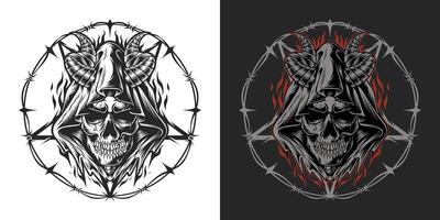 cráneo severo segador con cuerno logo oscuro Arte estilo ilustración para camiseta diseño vector