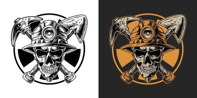 Skull wearing construction helmet logo vintage style illustration vector