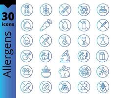 The set of icons contains a variety of allergens displayed in electric blue, organized in circles and lines vector