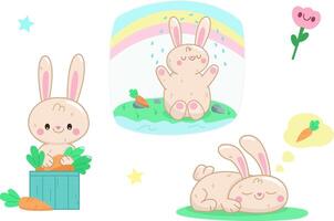 Colorful illustrations of a cute bunny character in kawaii style, perfect for adding charm and playfulness to your projects. Ideal for children's books, merchandise, and more vector