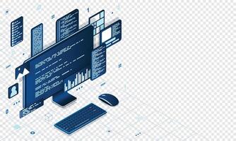 computadora tecnología isométrica ilustración. escritorio computadora plataformas software programación codificación concepto. código con computadora monitor vector