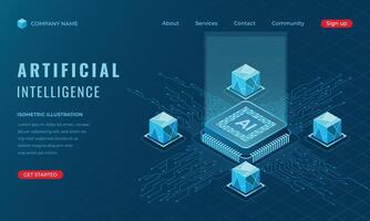 Isometric artificial Intelligence landing page concept. Machine learning technology. Digital technology website landing page. illustration vector