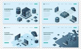 Set of isometric landing page template. Modern technology concept for datacenter with server, artificial intelligence, and blockchain technology vector