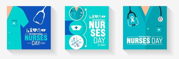 12 May is International Nurses Day social media post banner background template set. nurse dress, medical instrument, medicine, Medical and health care concept. vector