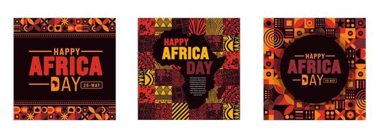 25 mayo es contento África día social medios de comunicación enviar bandera diseño modelo conjunto con geométrico forma modelo y africano mapa. fiesta concepto. utilizar a fondo, bandera, cartel, tarjeta, y póster modelo. vector