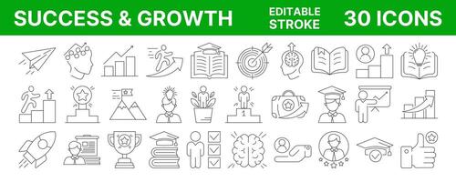 Success and personal, professional, financial or career growth, upskilling. Linear icon set, editable stroke. Business, education collection with progress, goal achievement, motivation symbols vector