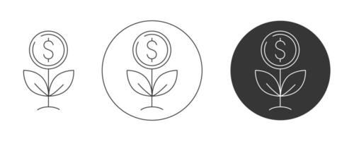 Money tree, plant with coin, dollar sign. Icon set, editable stroke. Flat line, pictogram. Finance and business concept. For app, website, ui. Isolated background. vector